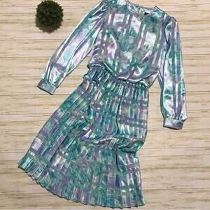 Lisa Michaels Vintage 80s Pastel Satin Pleated Blouson Modest Midi Dress Size 10